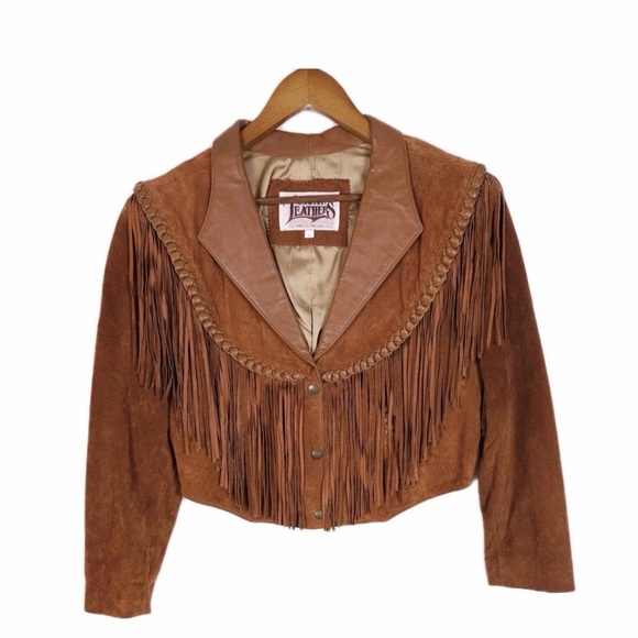diamond leather brand Jackets & Blazers - Vintage Diamond Leathers Size Large Brown Genuine Leather Fringe Snap-Up Jacket